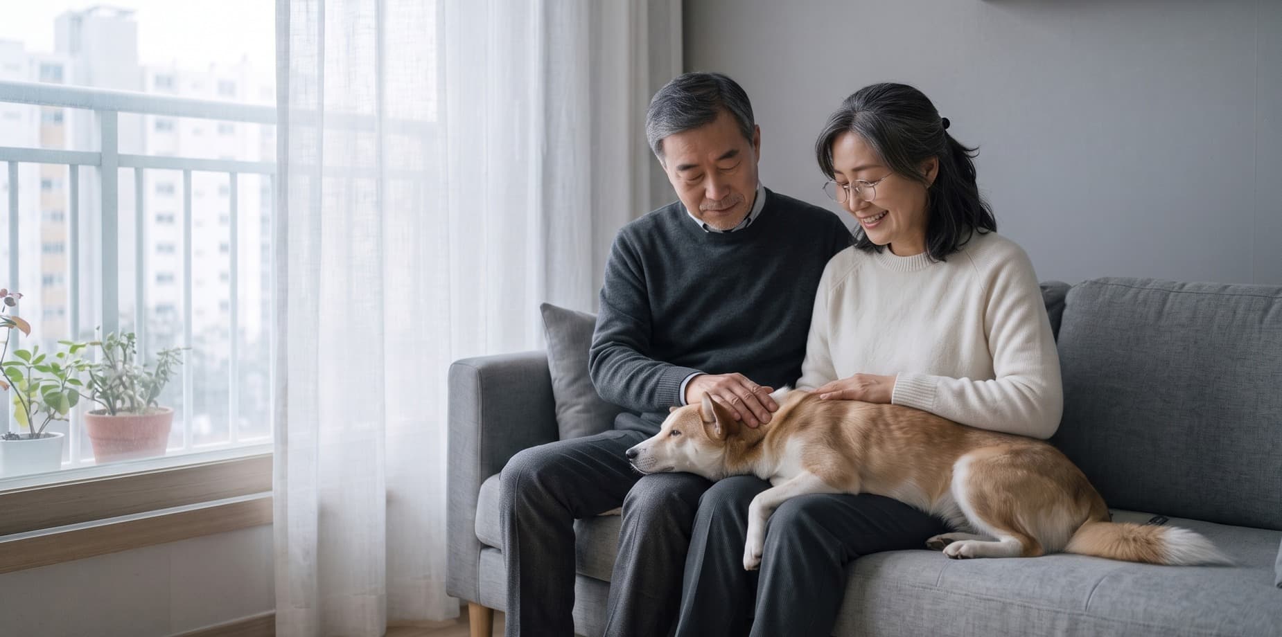 반려견과 함께 거실에 앉아 있는 중년 부부