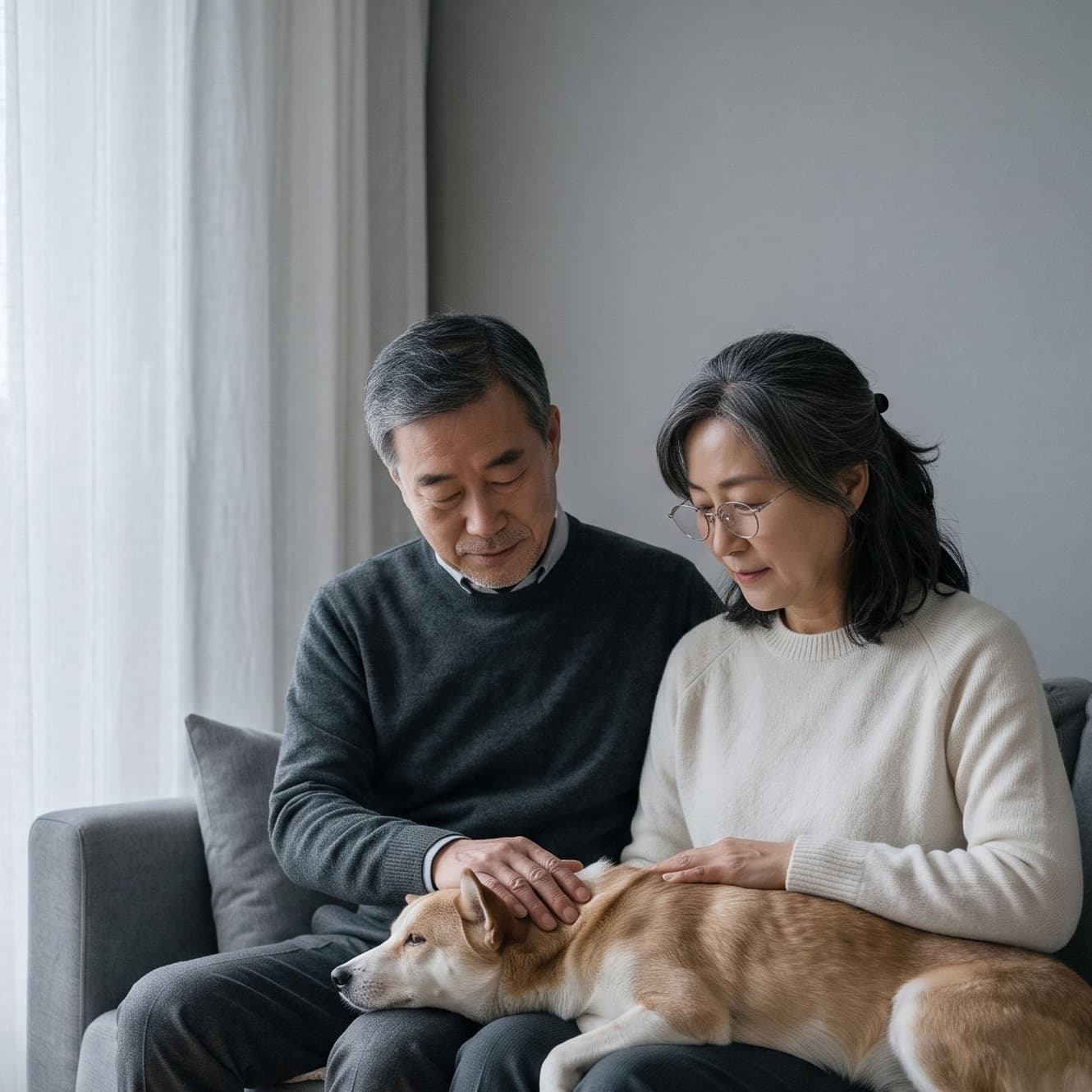 소파에 나란히 앉아 무릎에 엎드린 반려견을 쓰다듬는 중년 부부